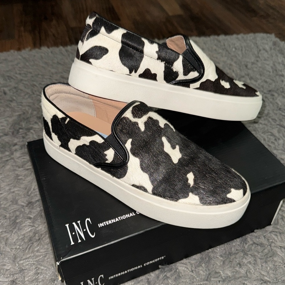 Black & White Cow Print Slip On Sneakers